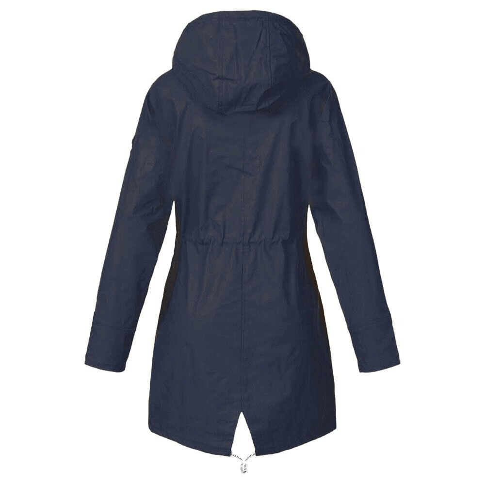 Waterproof hooded rain jacket; long, navy, lightweight twill fabric; windproof design with hood and pockets. Ideal for outdoors.
